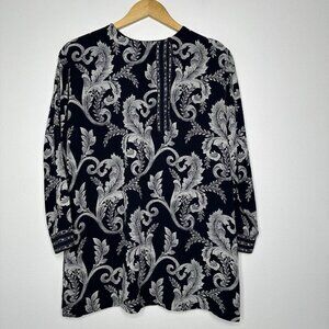 Suttles and Seawinds Tunic Top Size M L Floral Blue Art to wear Slit Side